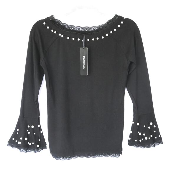 New BEBE Black Pearl Embellished Long Sleeve Stretchy Top Women Sz M - Picture 1 of 8